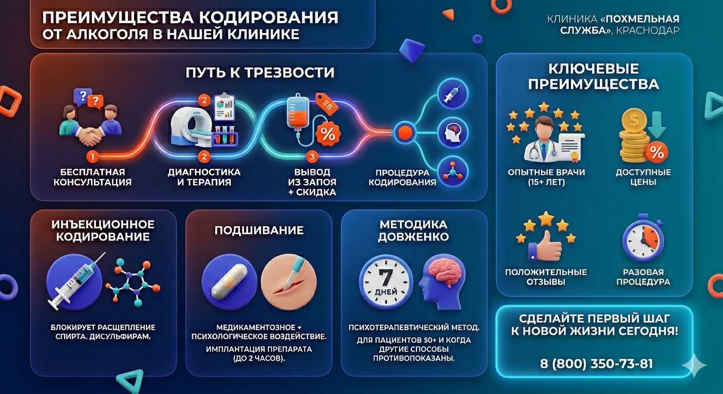 Инфографика о методах кодирования от алкоголя в Сланцах: инъекции, подшивание, метод Довженко. Преимущества клиники и этапы лечения.